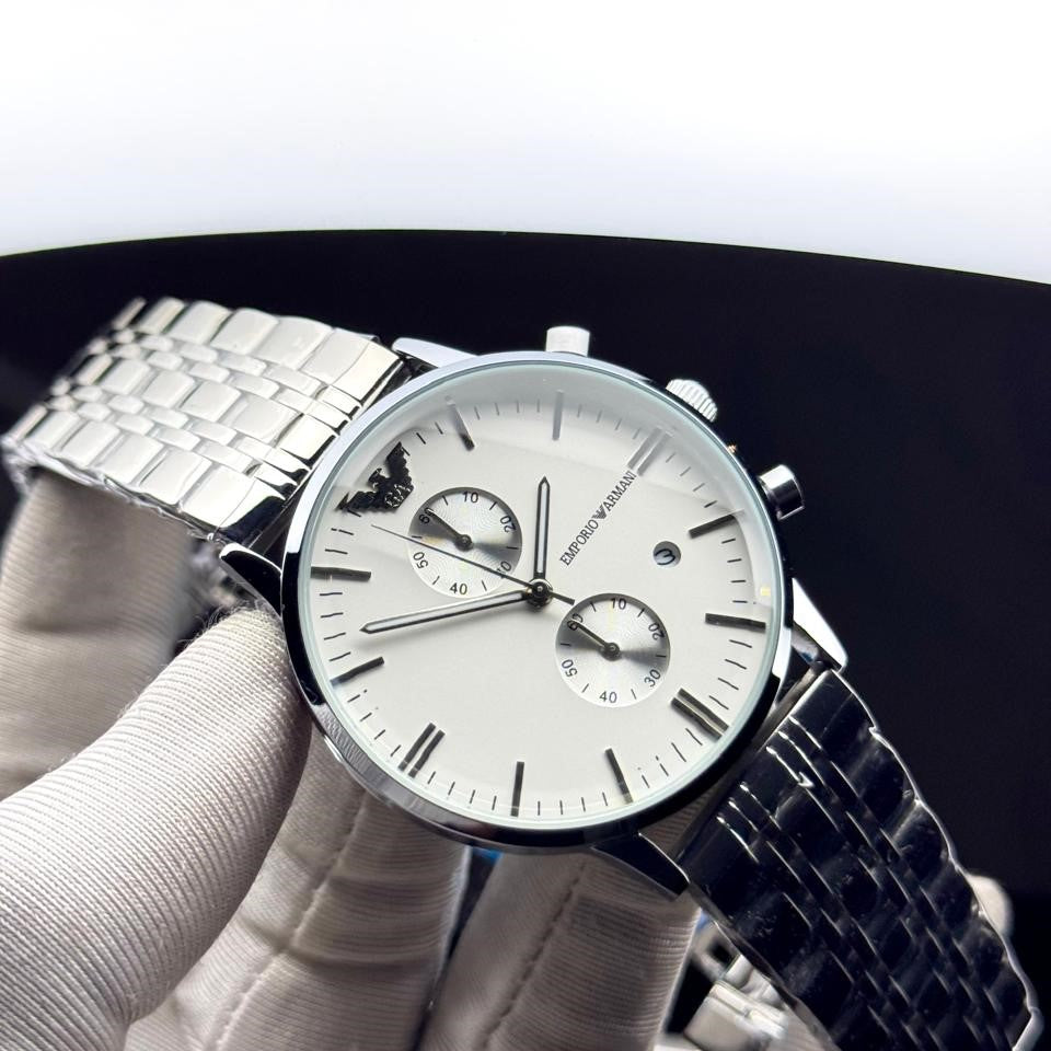 Emporio Armani Chronograph Men's Stainless Steel Watch –White Dial Silver Strap