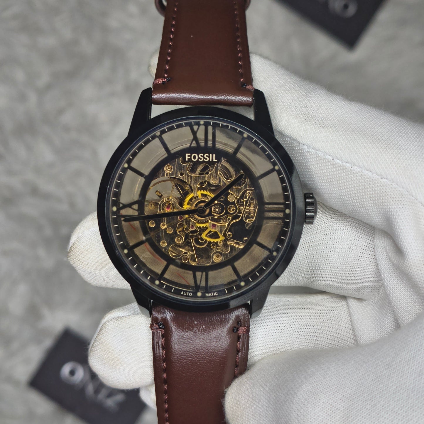 Fossil Automatic Skeleton Transparent Dial Black Case Brown Leather Strap Watch