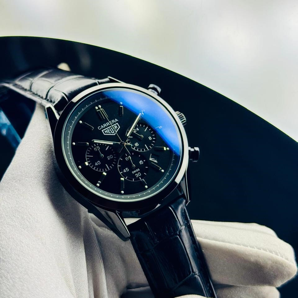 Carrera Black Chronograph Watch – Leather Strap