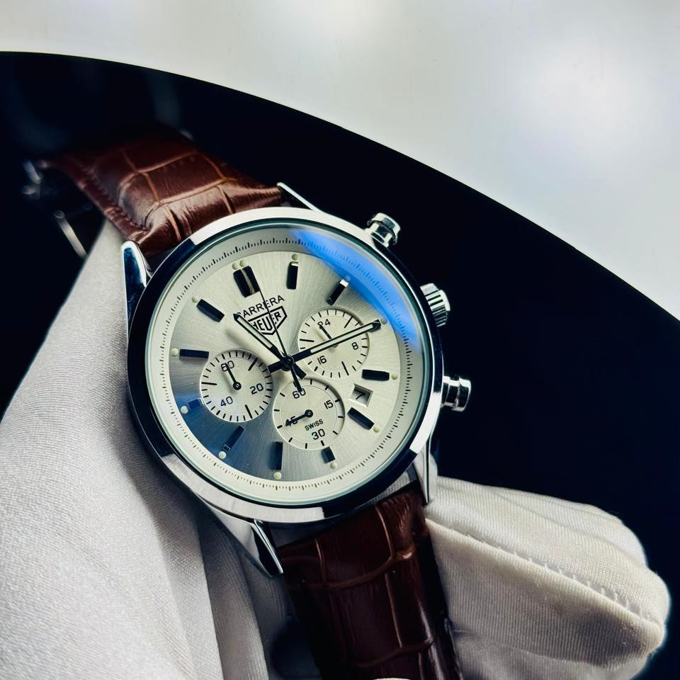 Carrera Silver Chronograph Watch – Brown Leather Strap