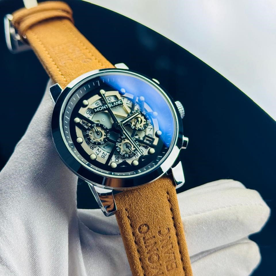 Montblanc Skeleton Dial Chronograph Tan Leather Strap Watch