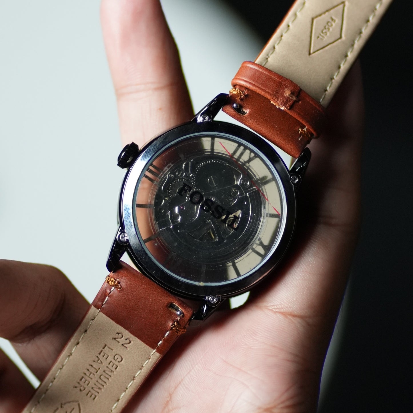 Fossil Automatic Skeleton Transparent Dial Black Case Brown Leather Strap Watch
