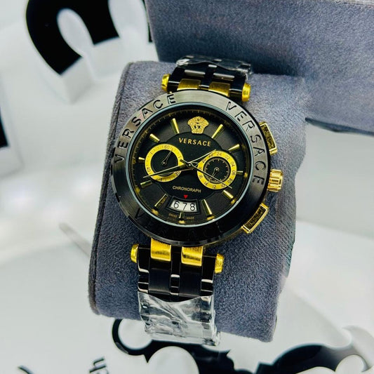 Versace Gold–White Chronograph Watch (Two-Tone Steel Strap)