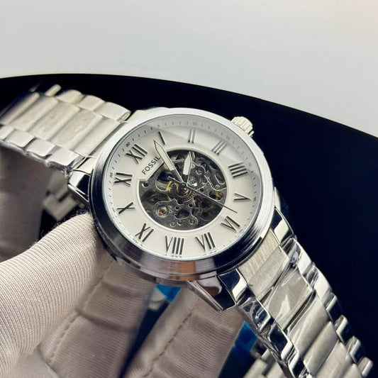 Fossil White Dial Roman Numeral Silver Stainless Steel Watch