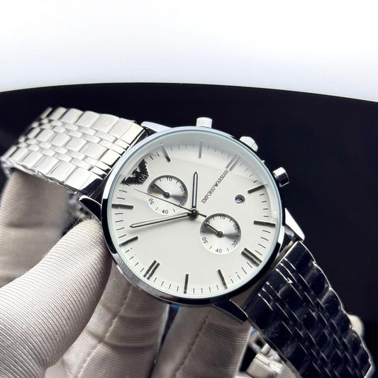 Emporio Armani Chronograph Men's Stainless Steel Watch –White Dial Silver Strap