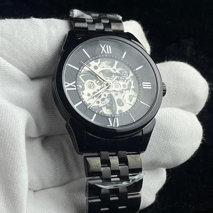 Tissot Black Dial Roman Numeral Black Stainless Steel Watch