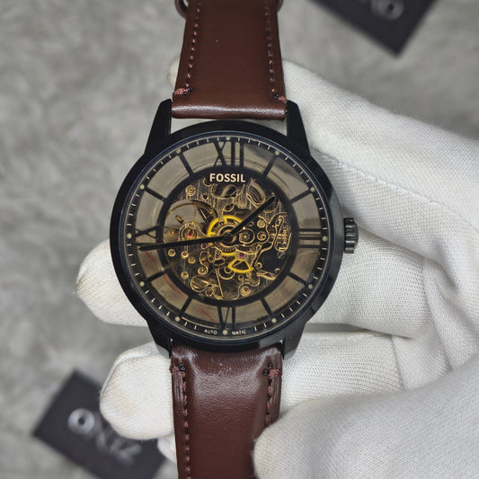 Fossil Automatic Skeleton Transparent  Dial Black Case Brown Leather Strap Watch
