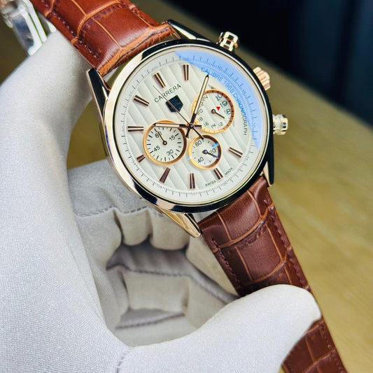 Carrera Chronograph White Dial Brown Leather Strap