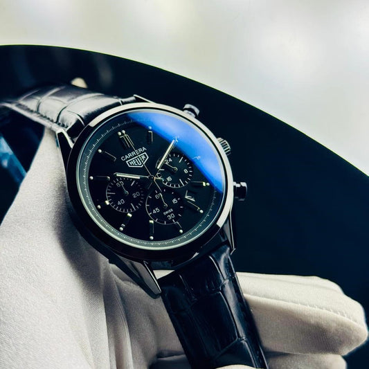 Carrera Black Chronograph Watch – Leather Strap
