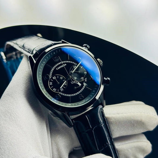 Carrera Black Dial Chronograph Stainless Steel Case Black Leather Watch