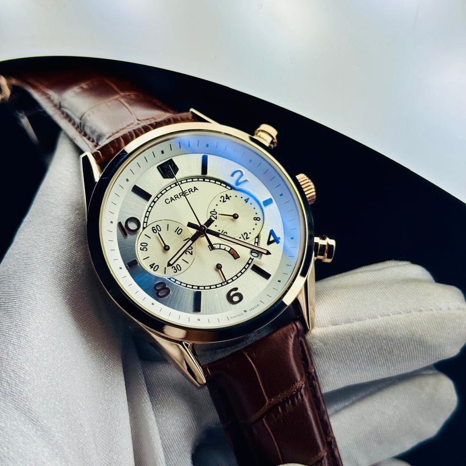 Carrera White Dial Chronograph Rose Gold Case Brown Leather Watch