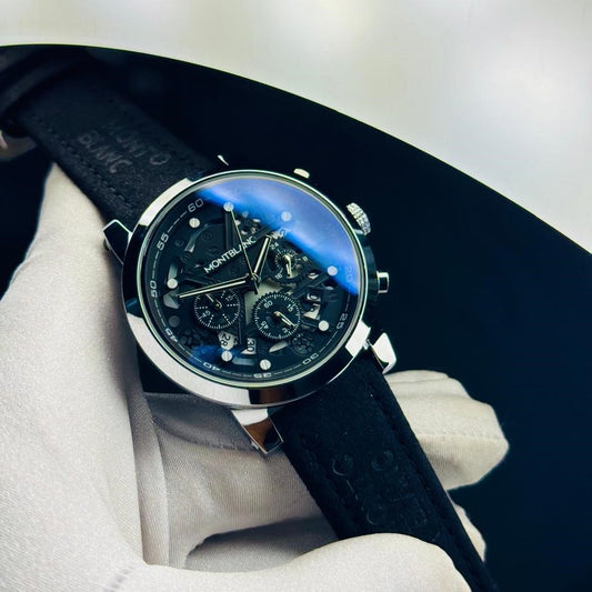 Montblanc Skeleton Chronograph Black Dial Watch – Black Leather Strap