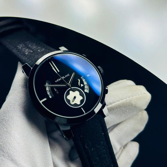 Montblanc Black Dial Dual-Display Leather Strap Watch