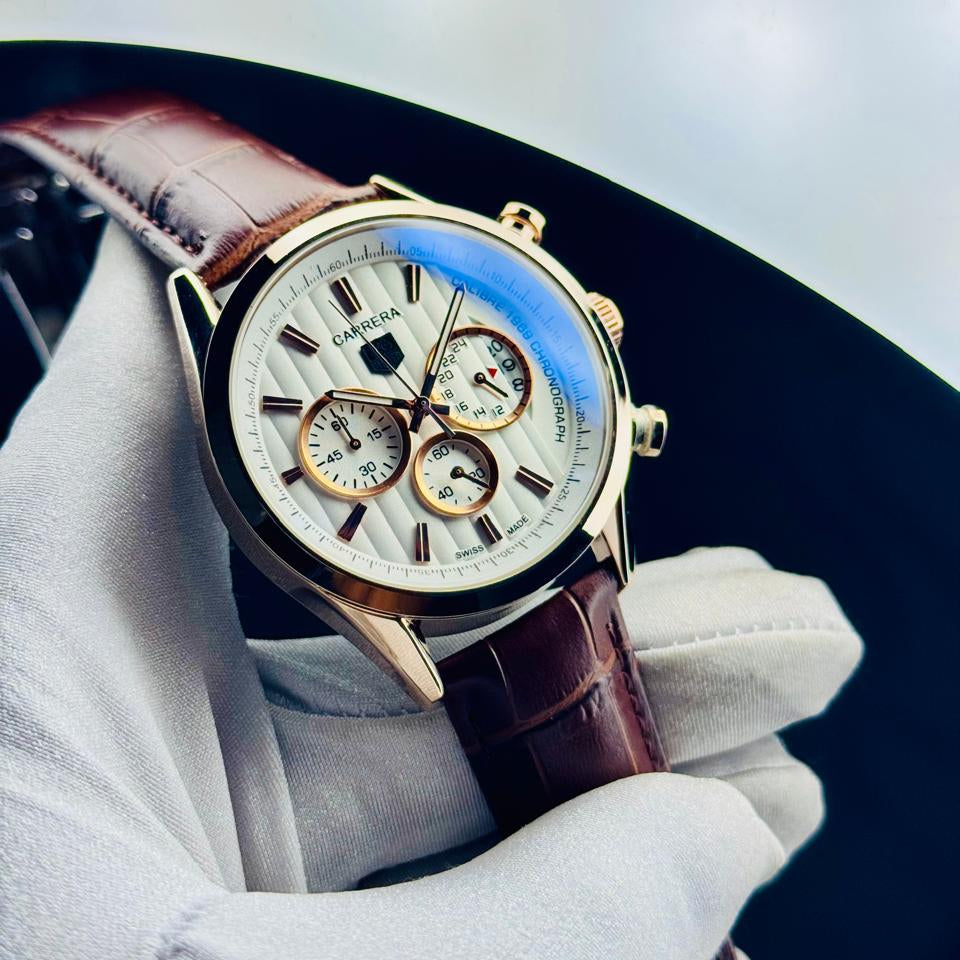 Carrera Chronograph White Dial Bronze Leather Strap