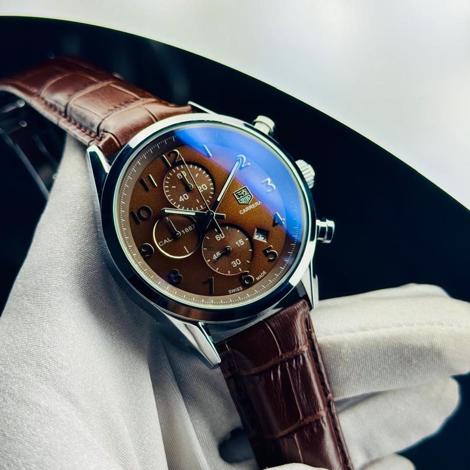 Carrera Chronograph Black Dial Black Leather Strap