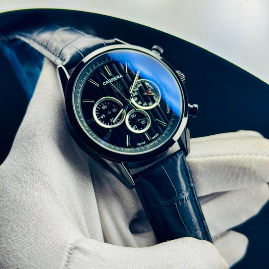 Carrera Chronograph Black Dial Blue Leather Strap