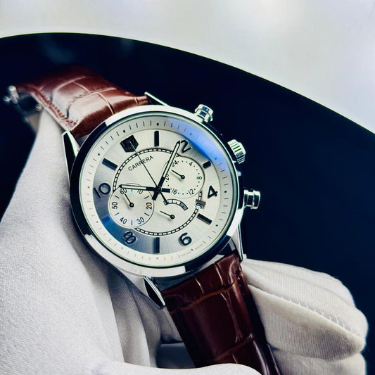 Carrera White Dial Chronograph Rose Gold Case Brown Leather Watch