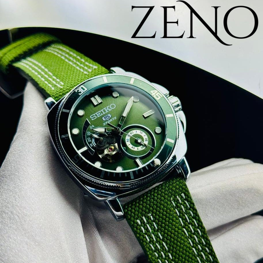 Seiko Automatic Open-Heart Watch – Gray Canvas Strap