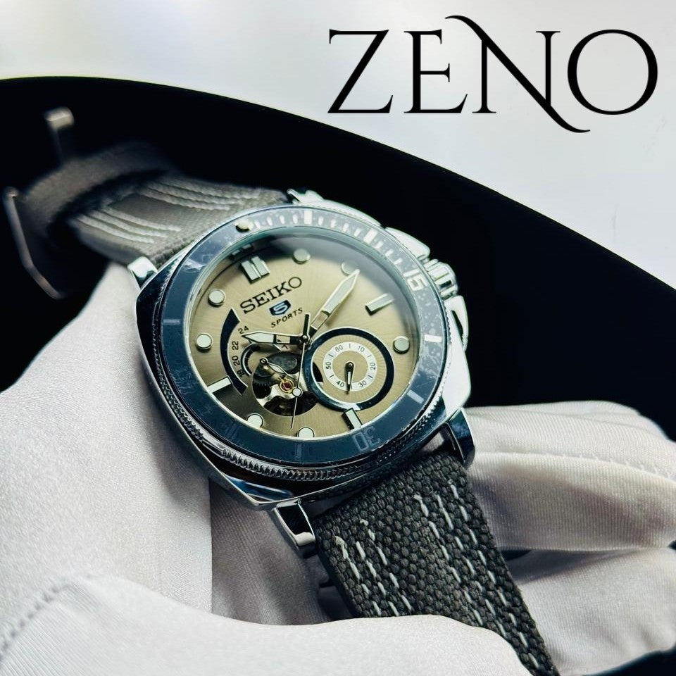 Seiko Automatic Open-Heart Watch – Gray Canvas Strap