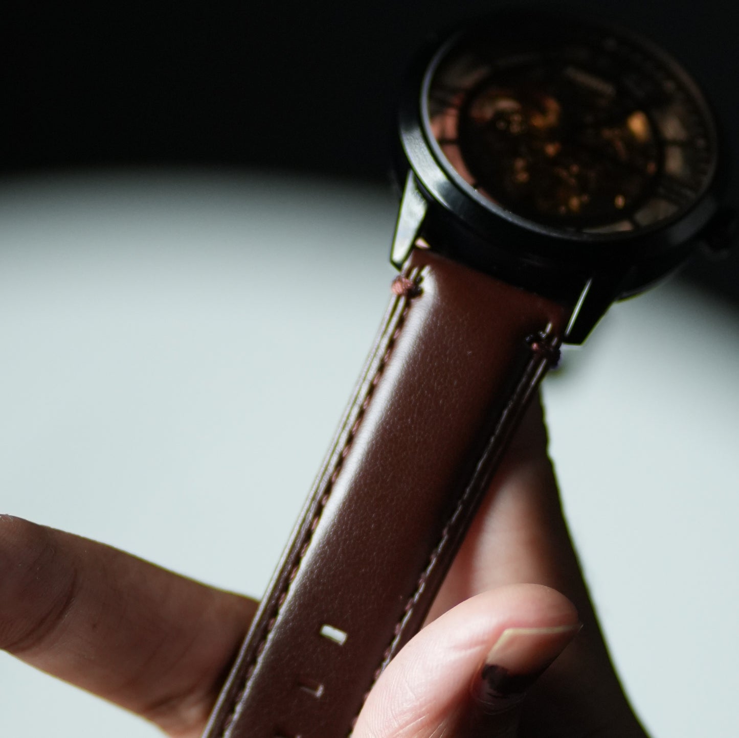 Fossil Automatic Skeleton Transparent  Dial Black Case Brown Leather Strap Watch