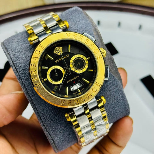Versace Gold–Black-Silver Chronograph Watch (Two-Tone Steel Strap)