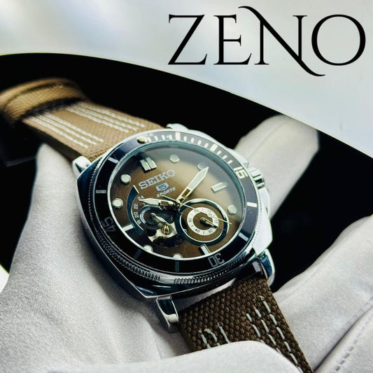 Seiko Automatic Open-Heart Watch – Brown Canvas Strap