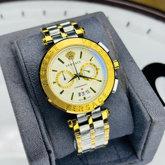 Versace Gold–White Chronograph Watch (Two-Tone Steel Strap)
