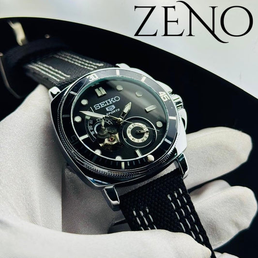 Seiko Automatic Open-Heart Watch – Black Canvas Strap