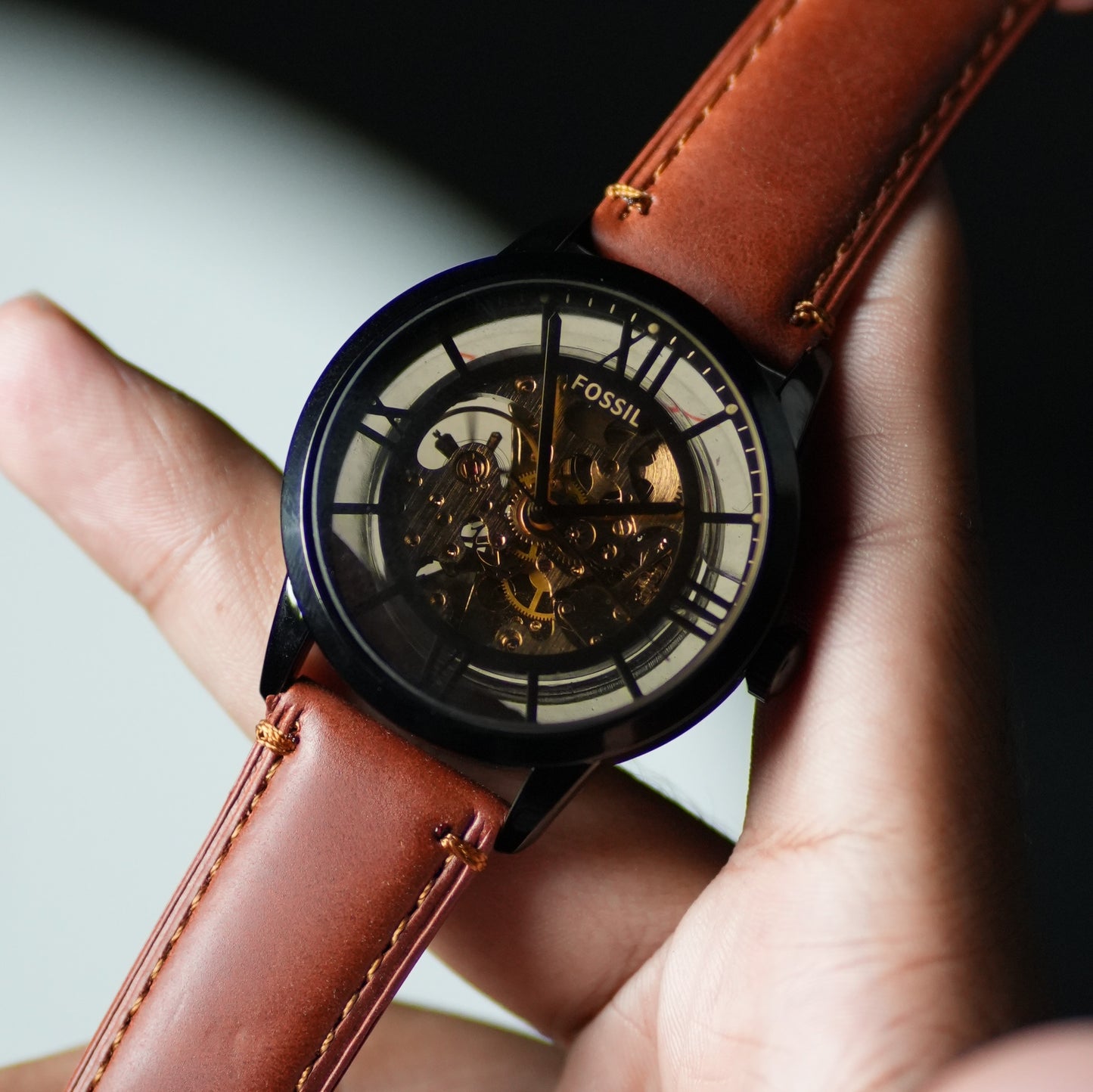 Fossil Automatic Skeleton Transparent  Dial Black Case Brown Leather Strap Watch