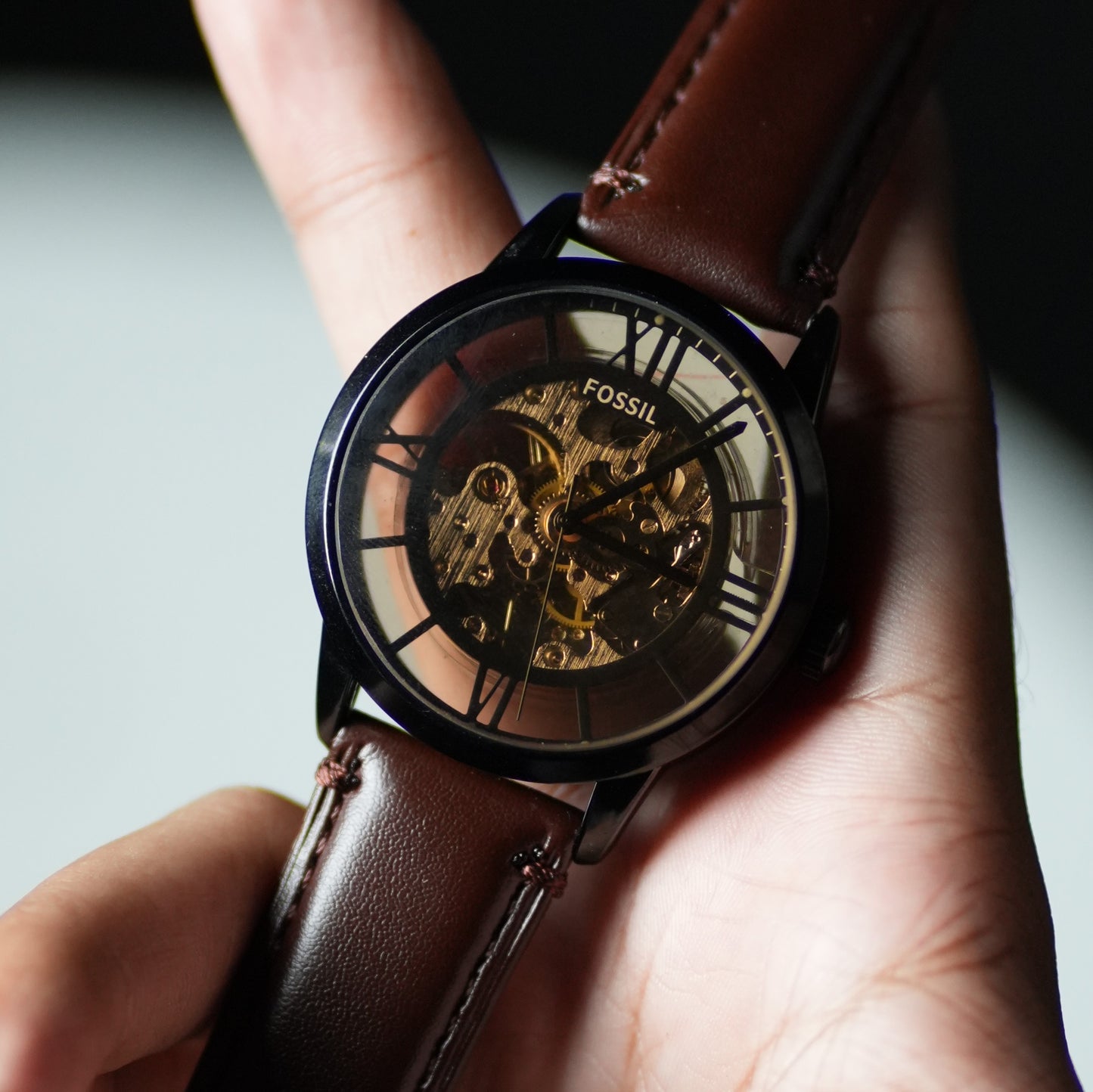 Fossil Automatic Skeleton Transparent  Dial Black Case Brown Leather Strap Watch