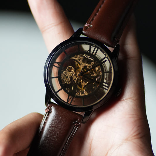 Fossil Automatic Skeleton Transparent  Dial Black Case Brown Leather Strap Watch